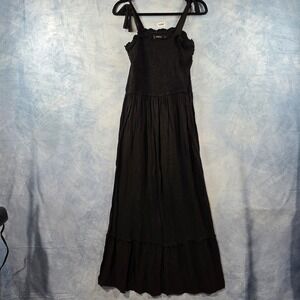 Zesica Womens Black Smocked Tie Shoulder Ruffle Maxi Dress Size L Boho Summer